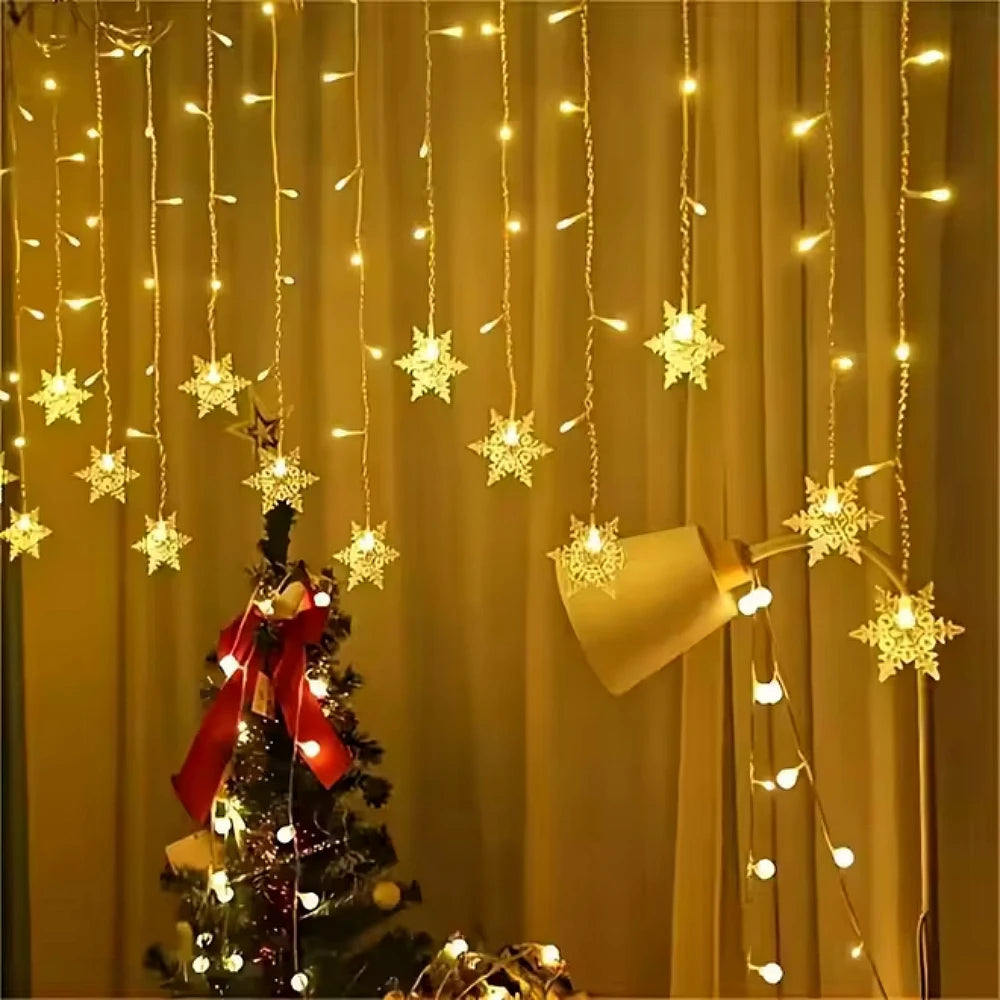 Christmas LED Snowflake Curtain String Light, USB Powered Window Hanging Fairy Lights with 8 Modes for Indoor Holiday Room Decor