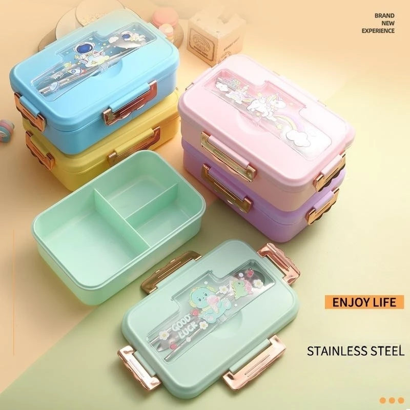 Bento Lunch Box for Kids Girls Cartoon Students Kawaii Cute Dinosaur Heated 3 Grid Sandwich Snack Food Box Special Canteen