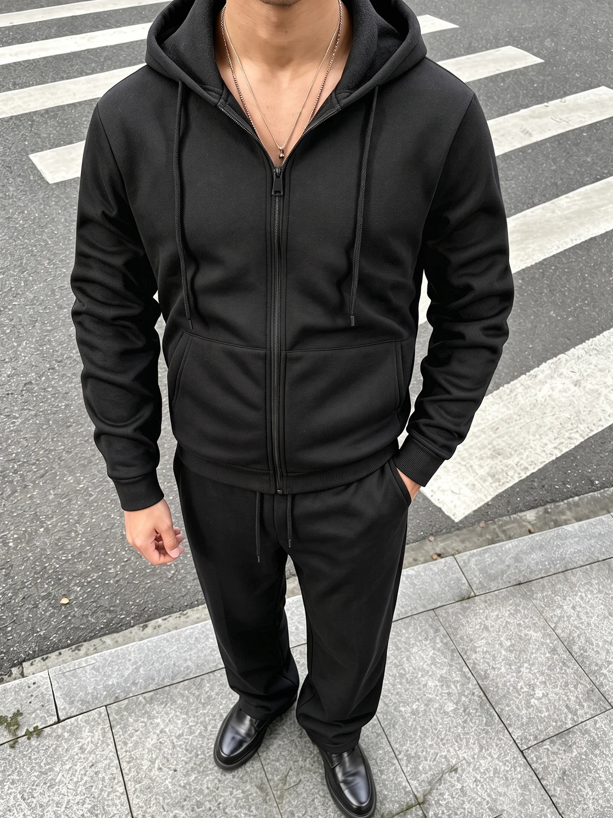 Men 2 Piece Tracksuit Set Full Zip Hooded Sweatshirt + Straight Drawstring Pants Casual Sports Outfit
