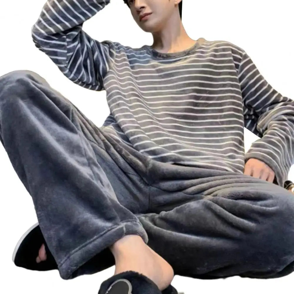 Men Pajamas Cozy Men's Winter Pajama Set Striped Round Neck Thick Coral Fleece Elastic Waist Warm Homewear Sleepwear for Fall