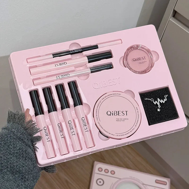 Face Makeup Sets Include 4PC Lip Mud,1 Pressed Powder,1 Blush,1 Eyeliner,1 Mascara,1 Eyebrow Pencil Camera Look Cosmetics Kits