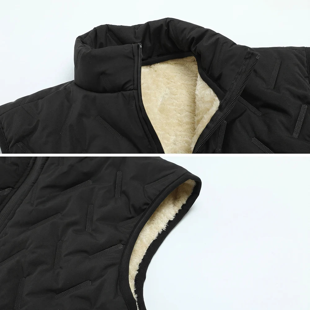 Winter Men Thermal Tracksuit 3Pcs Set, Fleece Lined Warm Quilted Coat Sleeveless Vest Elastic Waist Pants, Windproof Casual Spor