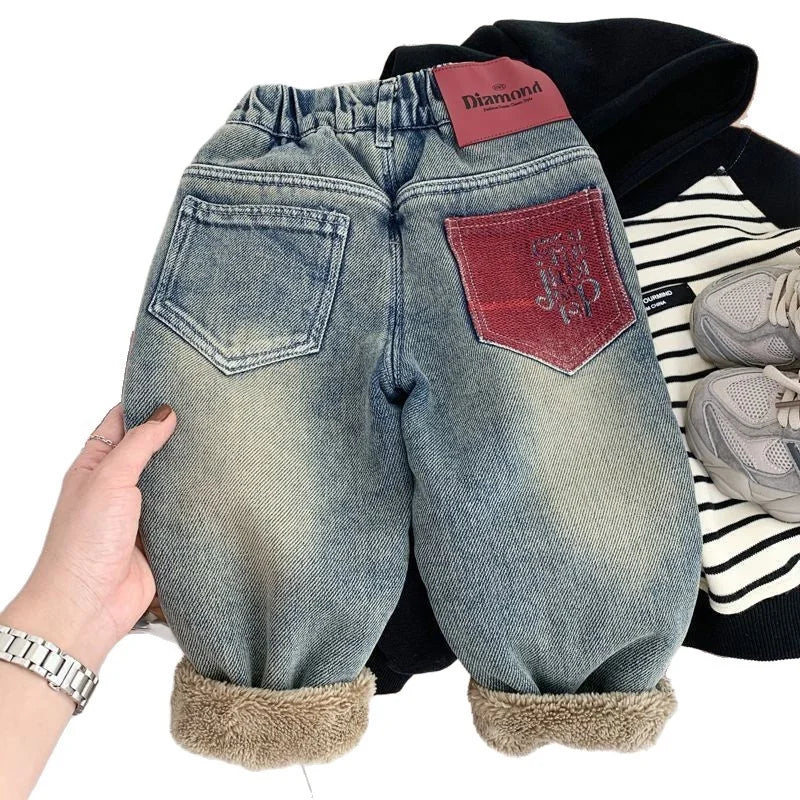 Kids Warm Jeans Children Winter Thick Plush Comfortable Fashion Trousers Boys Versatile Pants Girls Outdoor Thermal Trend Pants