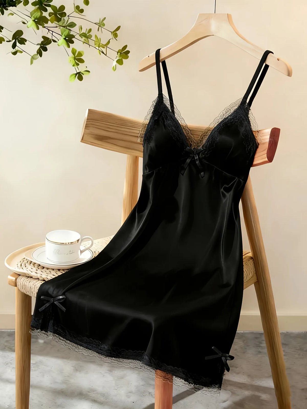 Women Satin Nightdress Sheer Lace Trim Slip Dress Spaghetti Strap Silky Nightgown Elegant Sleepwear Home Lingerie