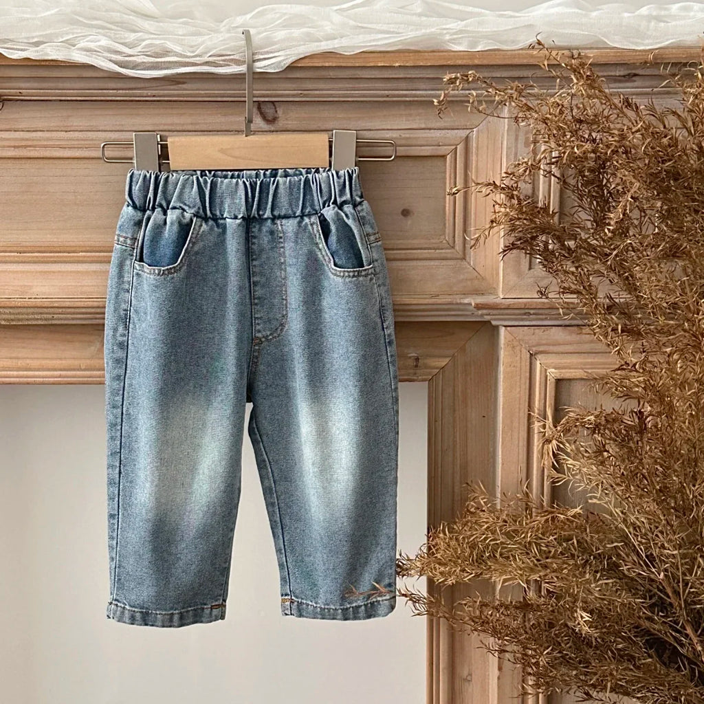 Baby Denim Pants For Toddler Boy Girl, Elastic Waistband Loose Straight Leg Jeans, Kids Casual Daily Wear Trousers