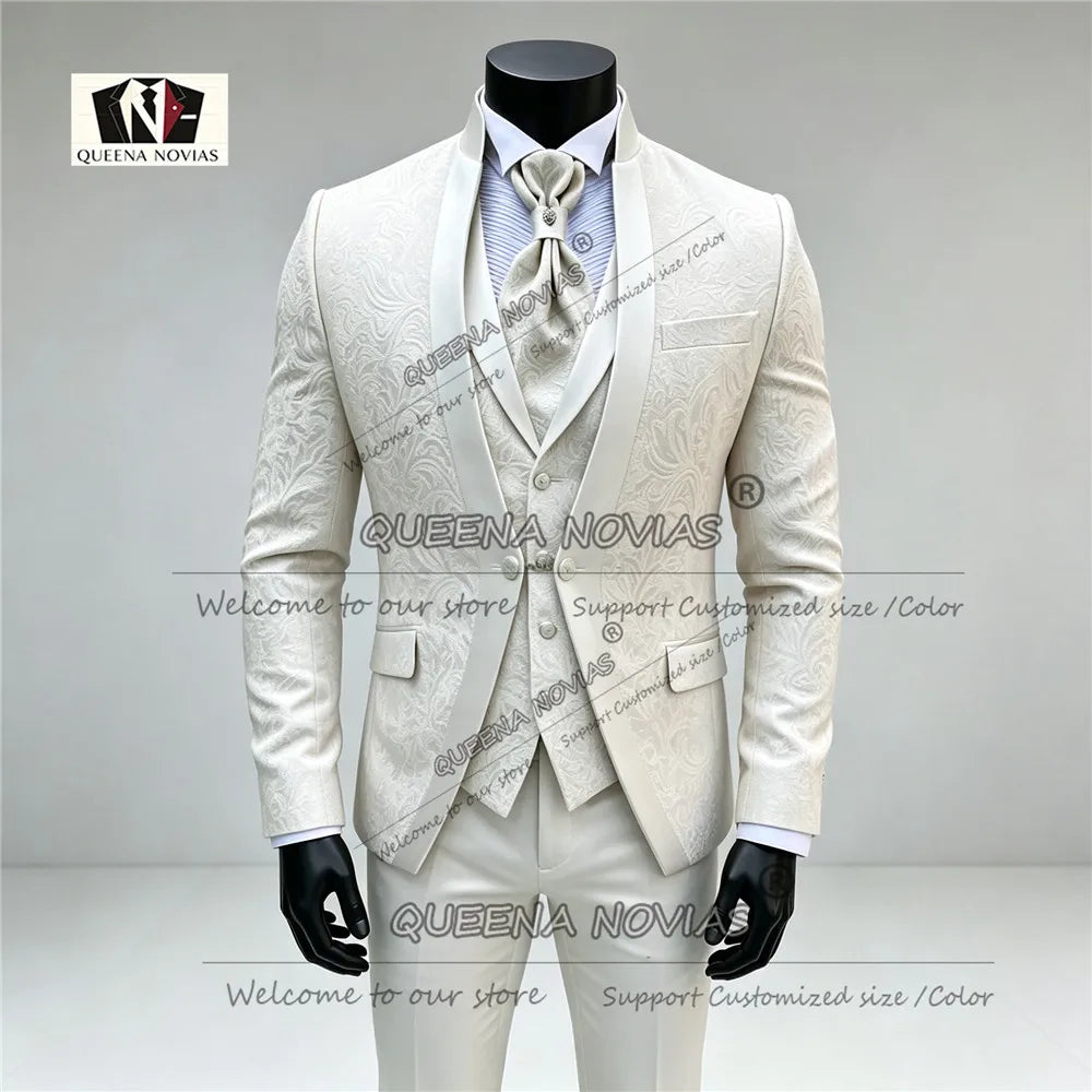 Elegante Hochzeitsanzüge für Herren: florales Jacquard-Sakko, Weste und Hose im 3-teiligen Set, Bräutigam-Smoking, festliche Herrenbekleidung