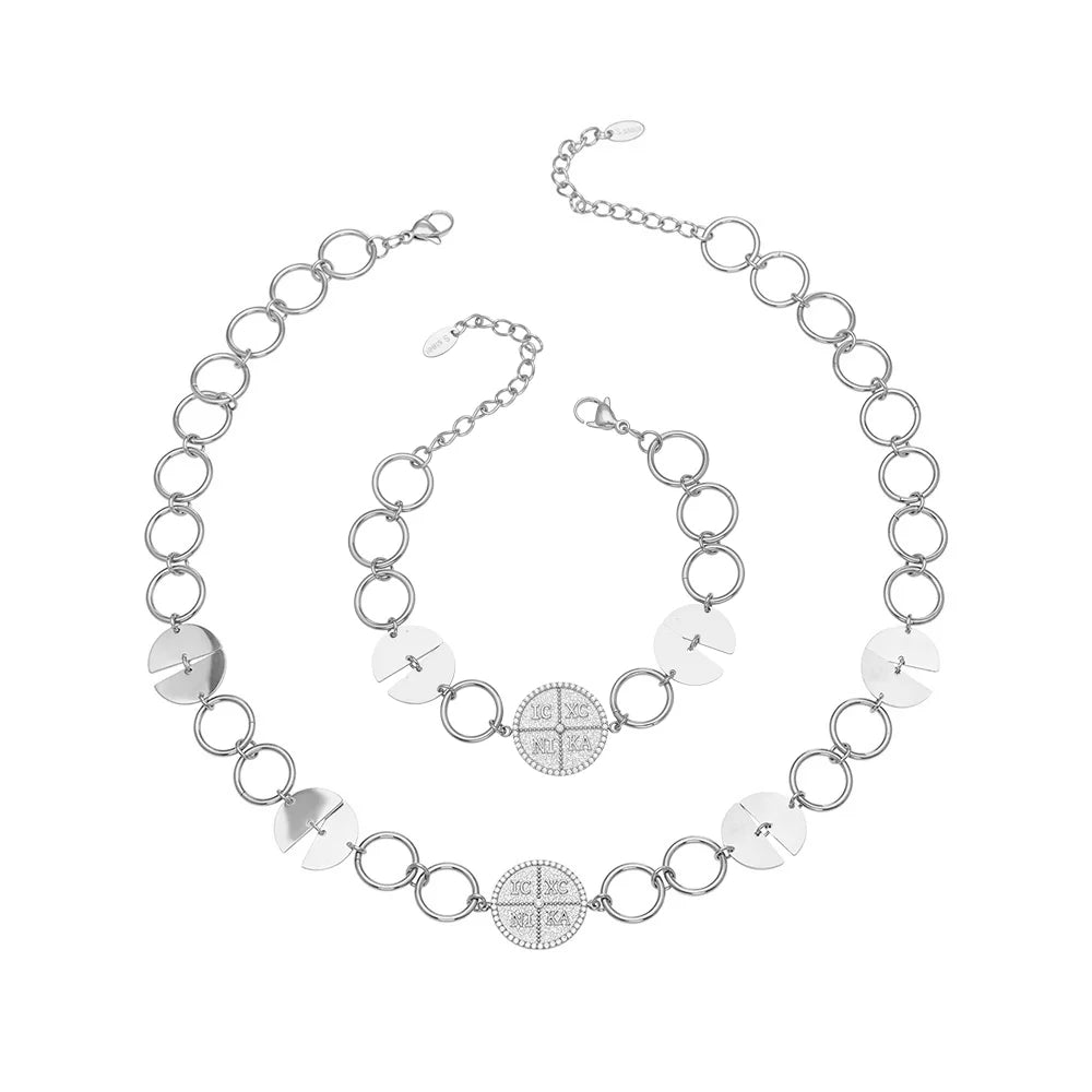 316 Stainless Steel Gold-Plated Large Circular Chain Necklace Choker Women's Shiny Round Zircon Golden Bracelet Jewelry Set