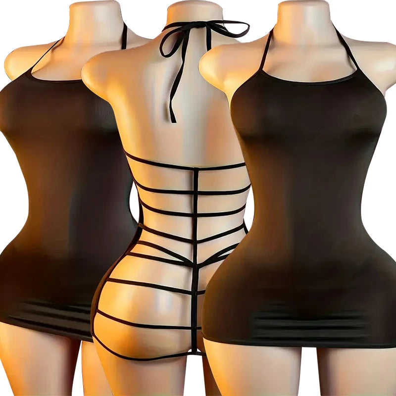 Hot Sexy Nightgowns For Women Erotic Nightie Dress Black Transparent Nightdress Sexy Lingerie Halter Neck Backless Pajamas Set