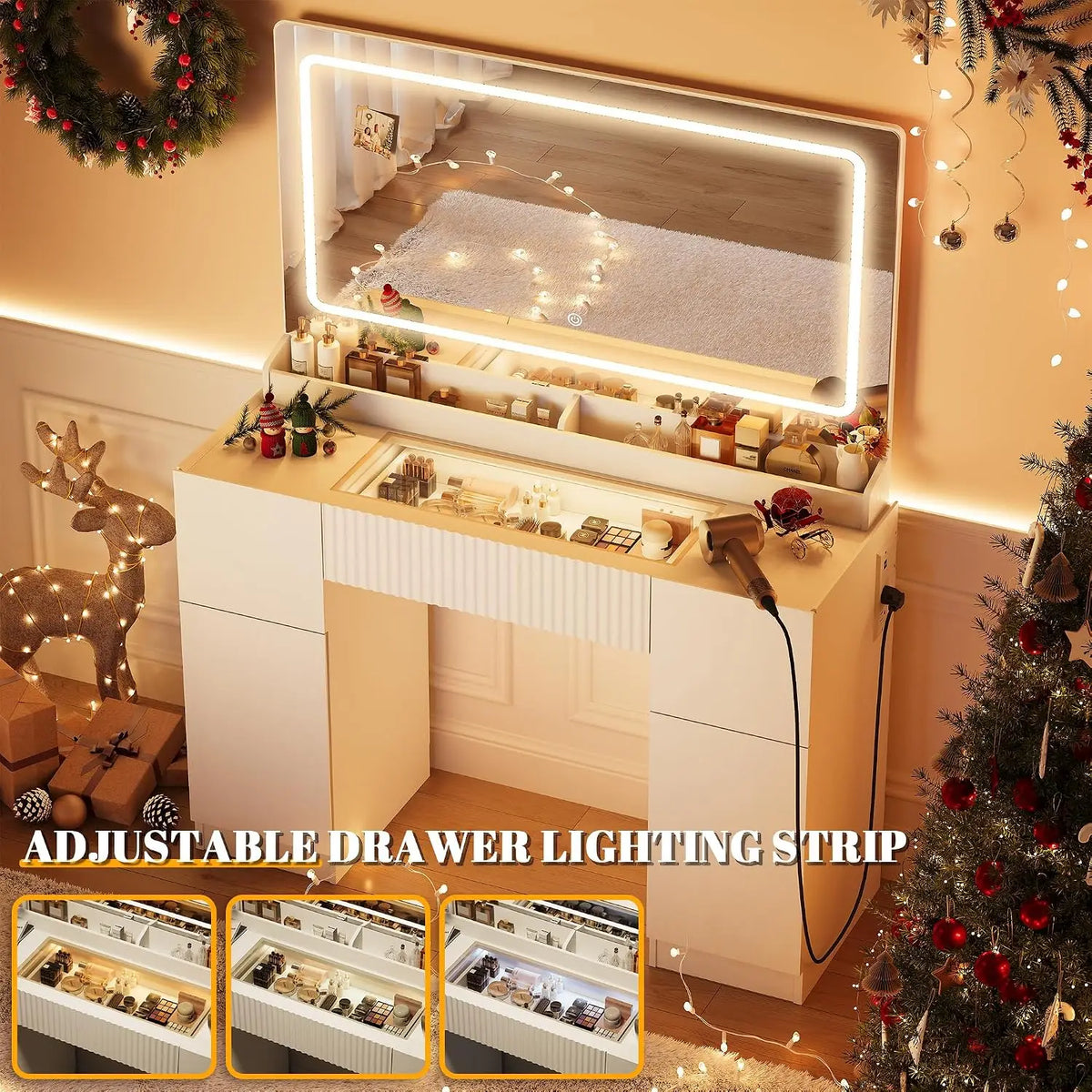 44" Vanity Desk with Large Mirror and Lights, Modern Glass Top Makeup Vanity Set with Power Outlet, 3 Drawers and 2, Custom