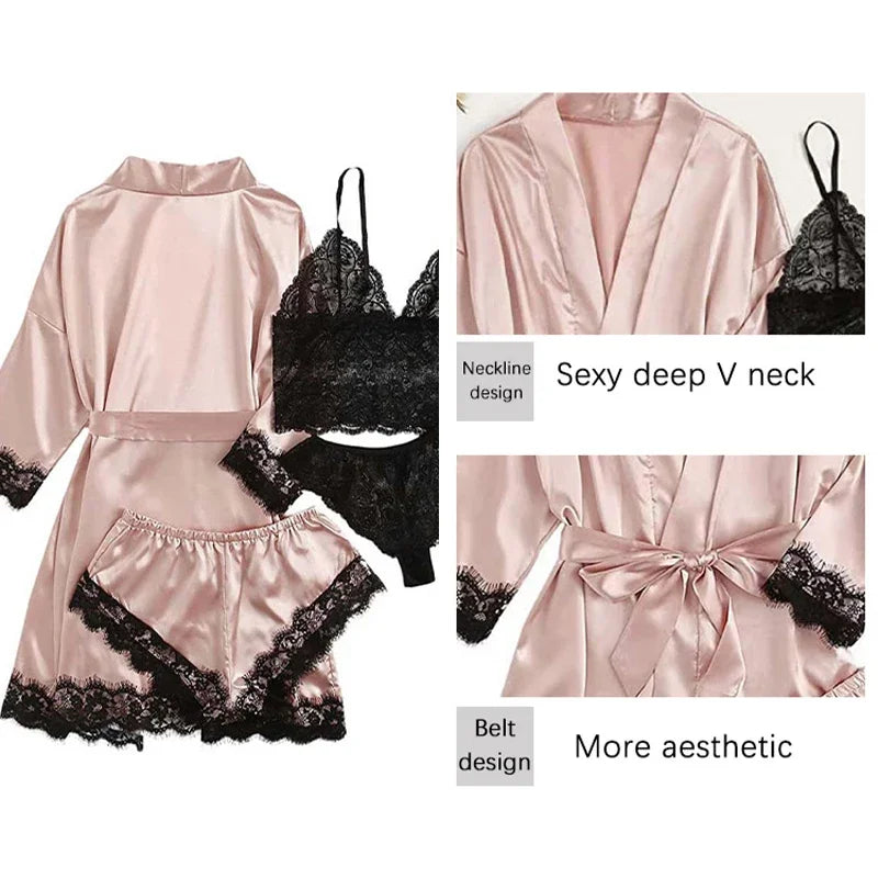 Women 4 Piece Sleepwear Pajamas Set Sexy Lace Robe Lingerie Silk Satin Bathrobe Home Nightwear Clothes