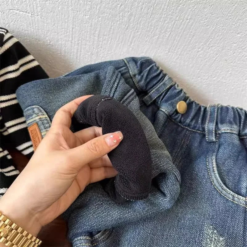 Boys Fleece-lined Jeans Fashion Children's Winter Denim Pants Kids Casual Autumn Trousers New Toddler Plush Velvet Pants 1-8Y