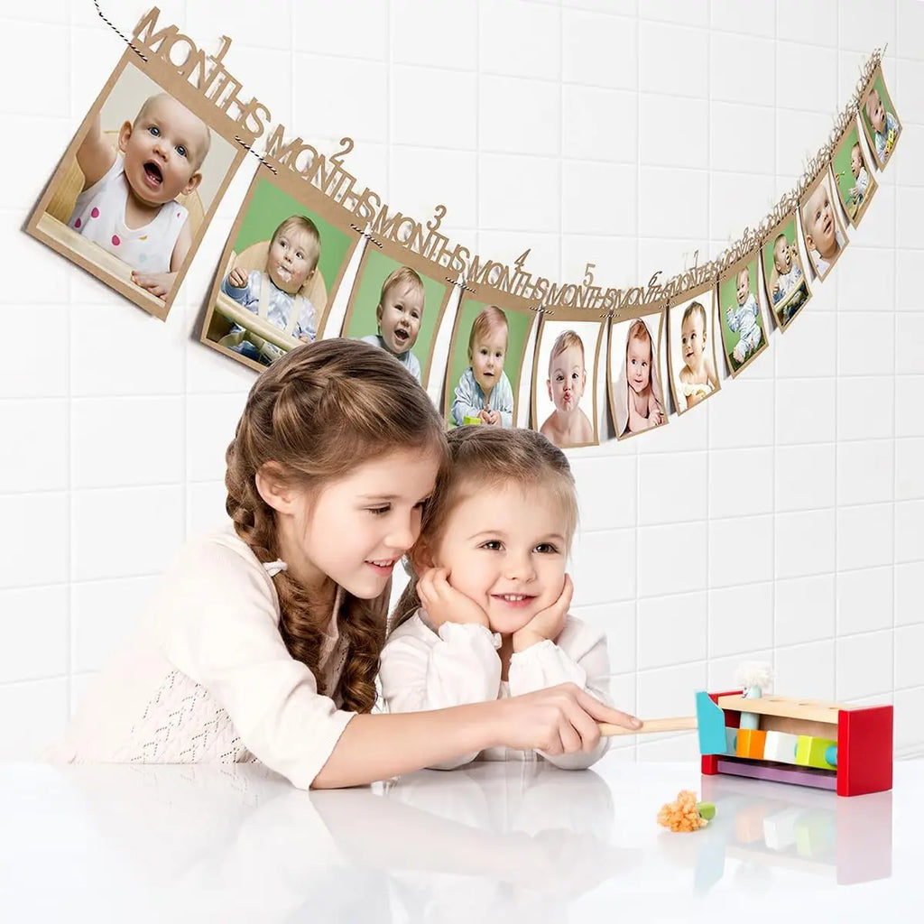 Baby First Birthday Banner, kraft Paper Growth Record 1-12 Month Photo Props Baby Boy Girl Party Decoration Supplies