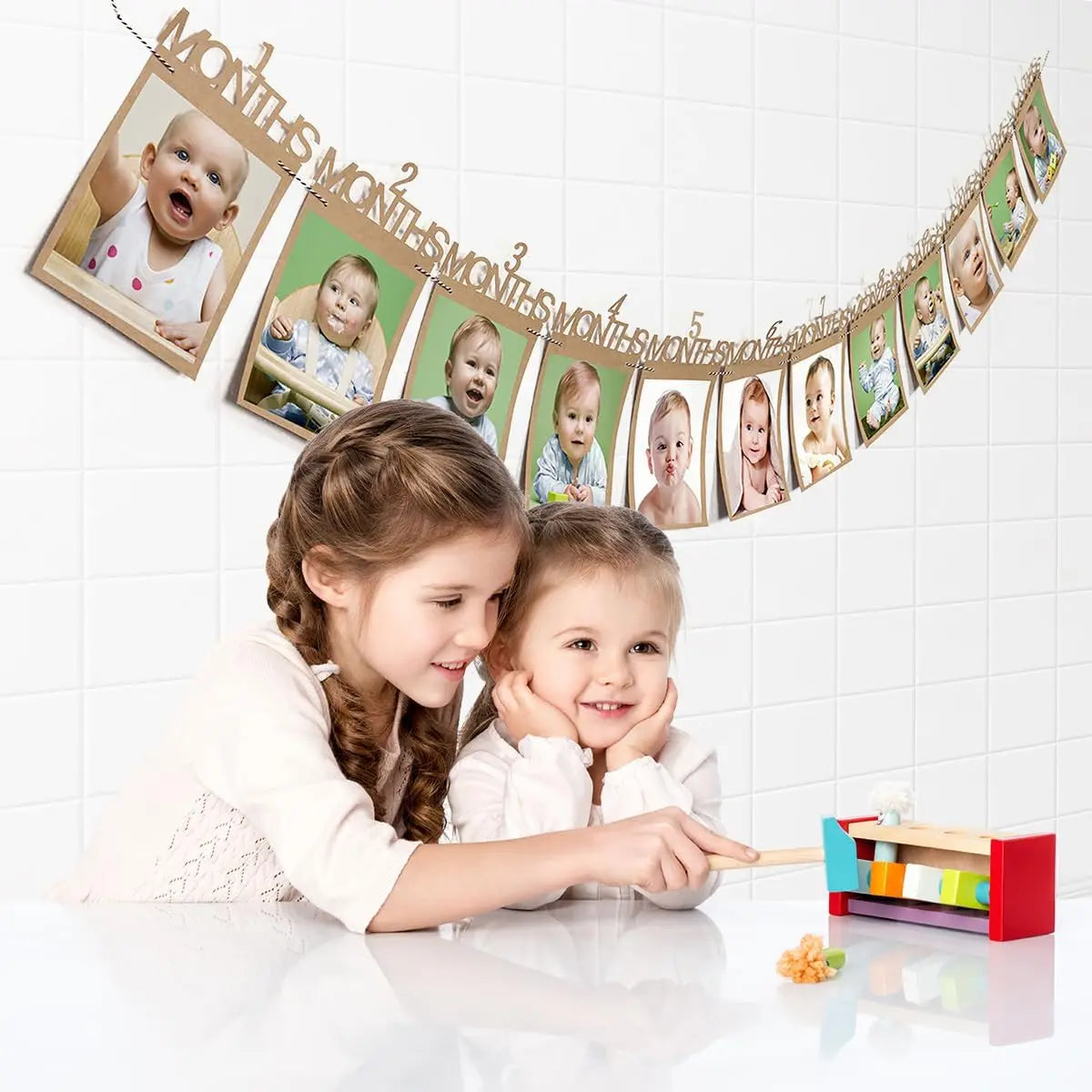 Baby First Birthday Banner, kraft Paper Growth Record 1-12 Month Photo Props Baby Boy Girl Party Decoration Supplies