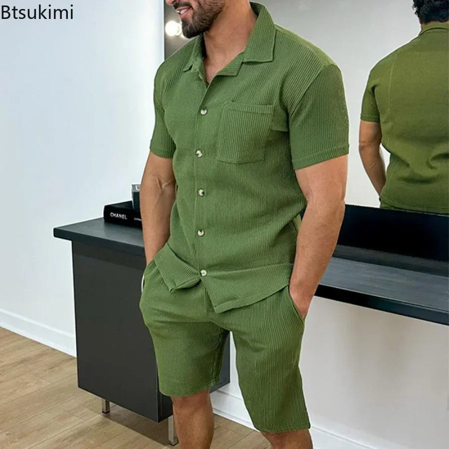 2026 Men's Summer Casual Shorts Sets Solid Mens Short Sleeve Buttoned Lapel Shirts + Shorts Sets Two Piece Streetwear Sets Male