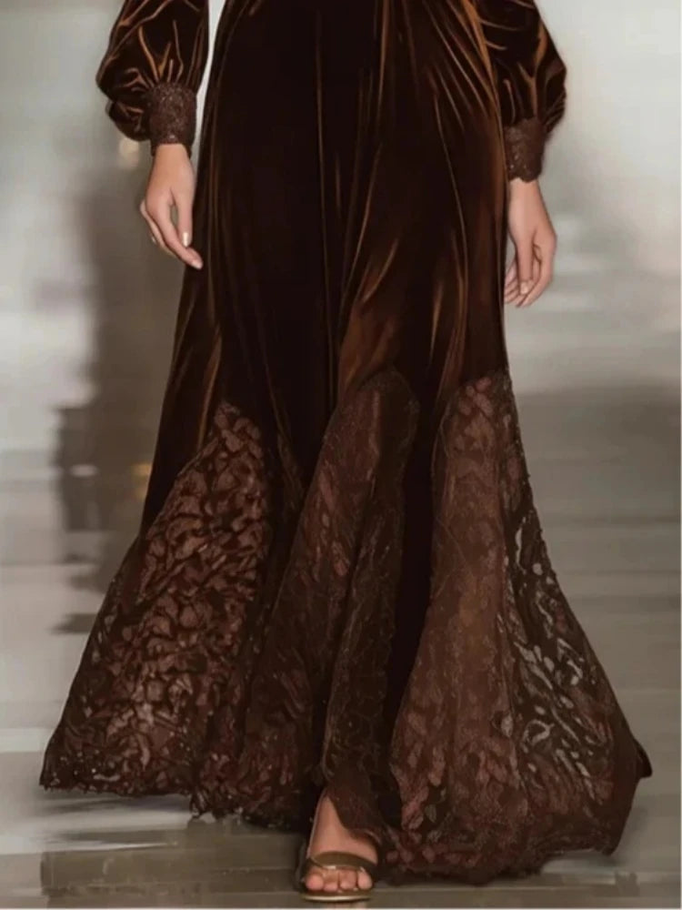 2026 Elegant Velvet Dress for Women Spring Autumn Vintage Solid Turtleneck Lace Hem Long Dress High Waist A-line Evening Dresses