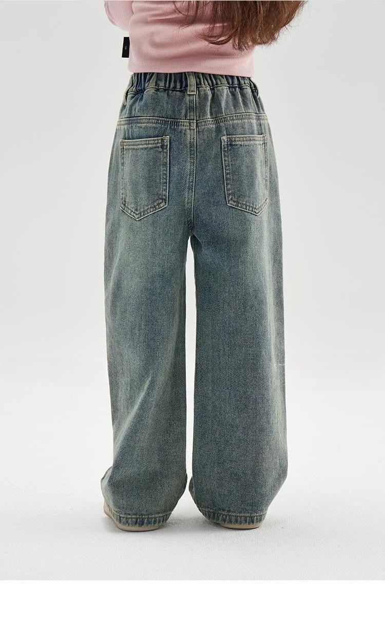 Pants Girls Spring Autumn New Trousers Straight Leg Wide Leg Jeans Childrens Jeans Middle Childrens Heart 2025