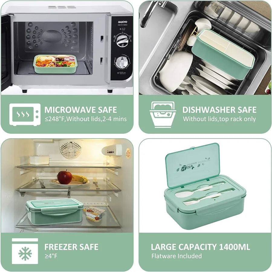 Bento Boxes for Adults - 1400 ML Bento Lunch Box For Kids Childrens With Spoon & Fork - Durable Perfect Size for On-the-Go Meal