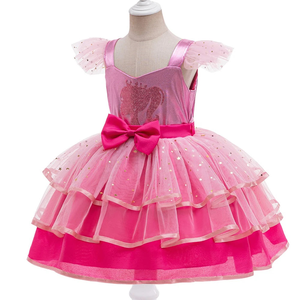 Elegant Party Wedding Girls Dress Elegant Bow Layered Birthday Dresses for Girl Hot Pink Summer Children Christmas Prom Costume