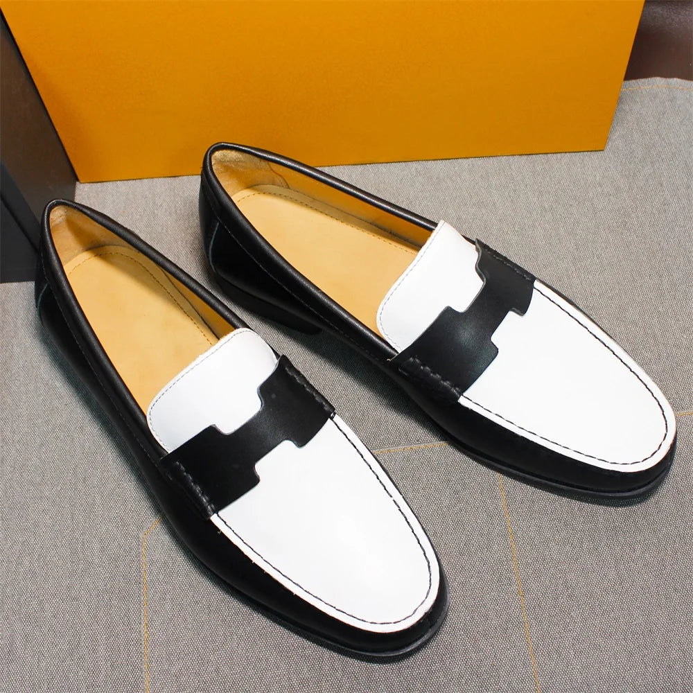 New Style Men's Wedding Shoes Handmade Black and White Loafers Genuine Leather Slip-on Men's Casual Wedding Banquet Shoes