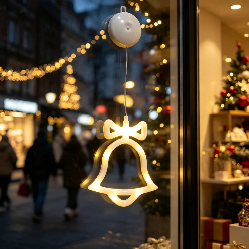 Christmas LED Hanging Window Decorations with Suction Cups Snowflake Tree Bell Star Deer Lights for Tree Living Room Decor