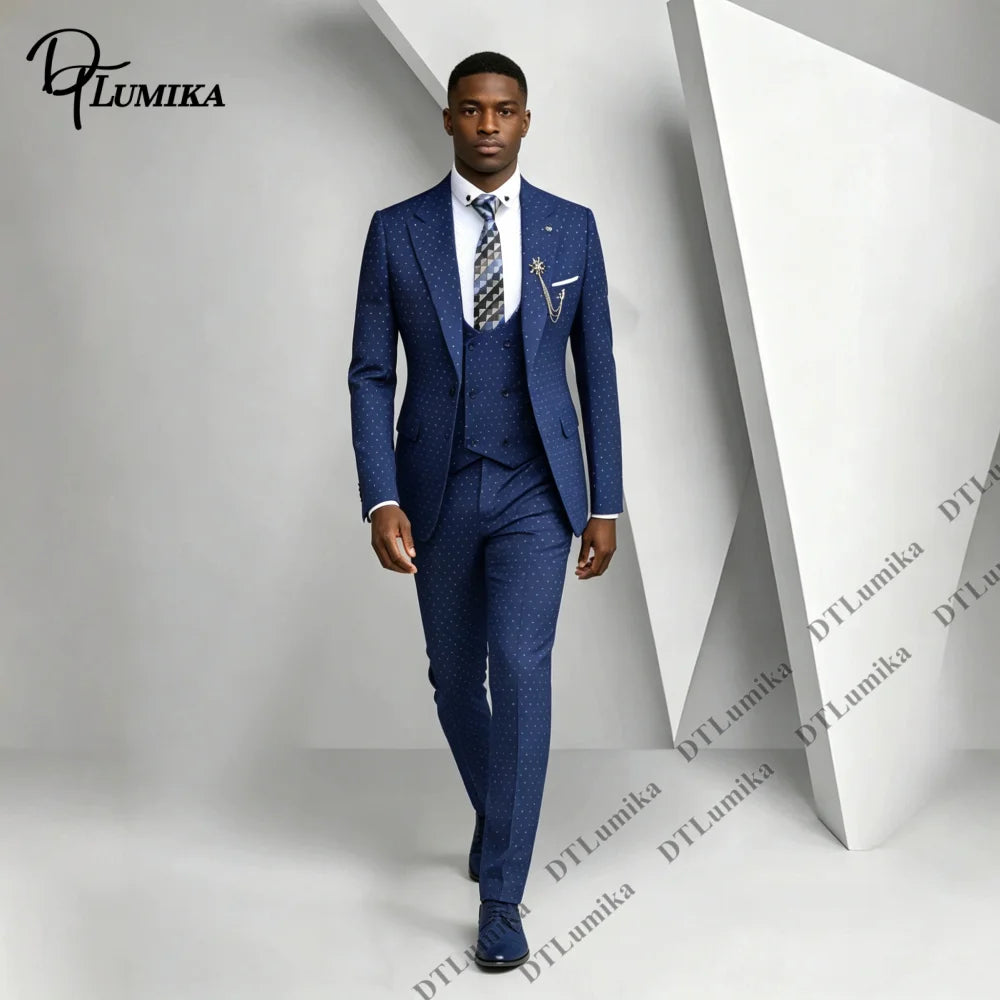 Men 3 Piece Dotted Suit Three-piece Polka Dot Jacket Vest Pants Made To Measure Wedding Business Prom Banquet Formal Tuxedo