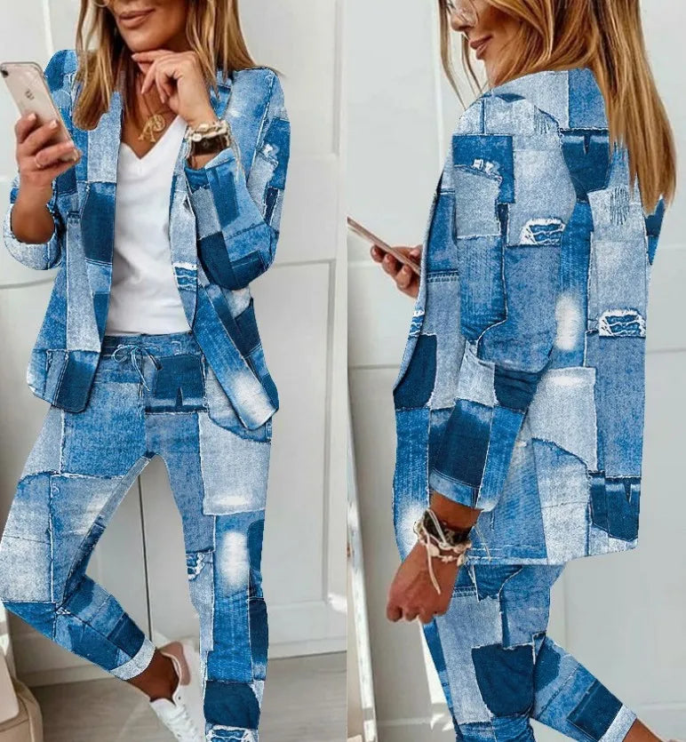 Two Piece Set Women Outfit Office Ladies 2023 Autumn Plaid Print Long Sleeve Elegant Blazer Coats & Drawstring Work Pants Set