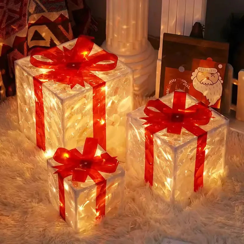 Christmas Lighted Gift Box With Bow Transparent LED Warm White Box Lights for Indoor Holiday Home Decoration Xmas Tree Ornaments
