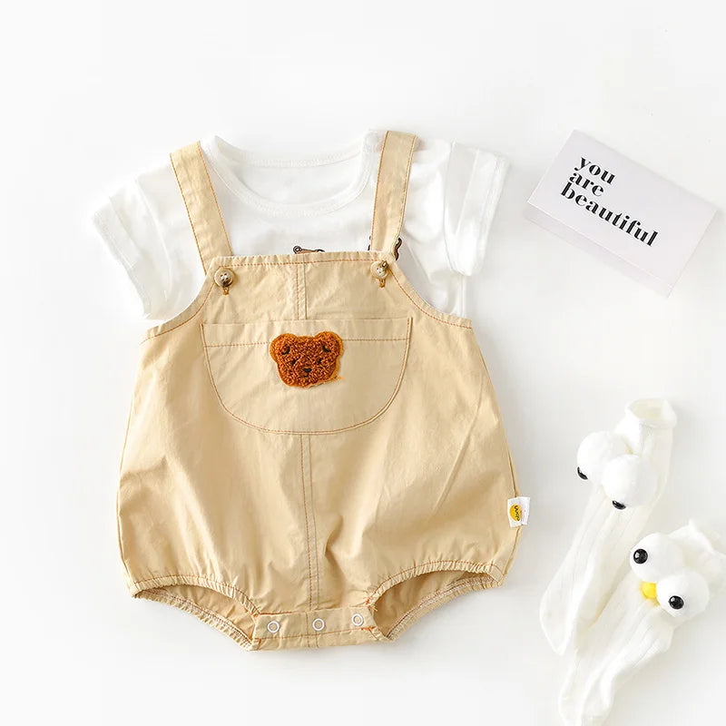 2025 Summer Baby Romper for 0 - 2 Years Old Bear Embroidered Open Crotch Infant Clothes, Lightweight and Adorable Overall Style