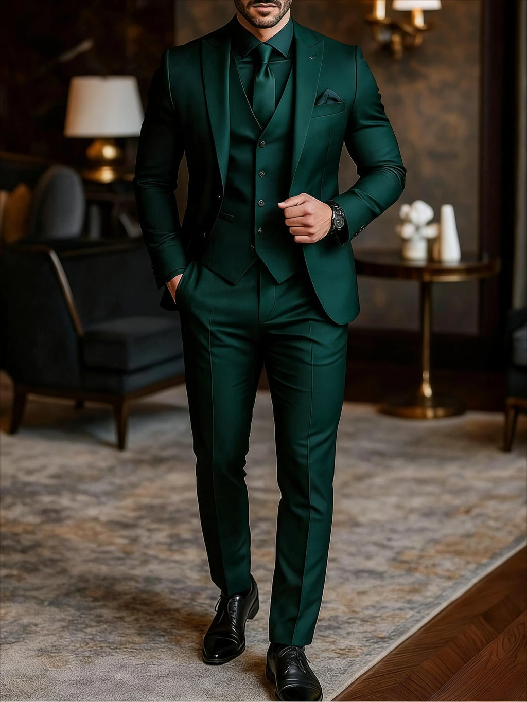 Herren-Hochzeitsanzug im 3-teiligen Smoking-Stil für den Bräutigam, schmal geschnitten, mit Weste, schwarzer formeller Businessanzug
