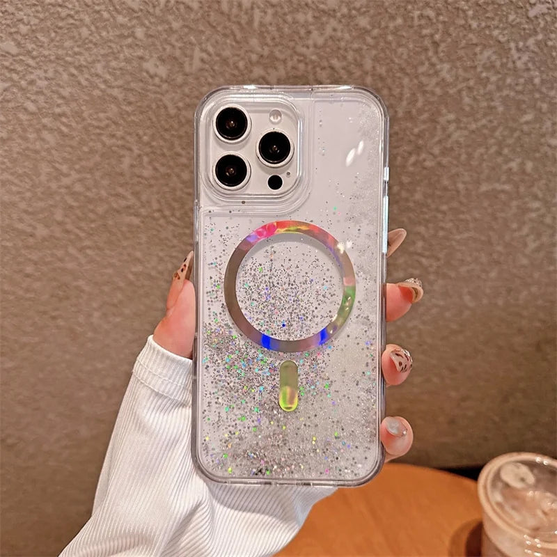 Luxury Plating Ring for Magsafe Case for iPhone 15 16 17 Pro Max Magnetic Glitter Beads Quicksand Phone Cover Liquid Shell Funda