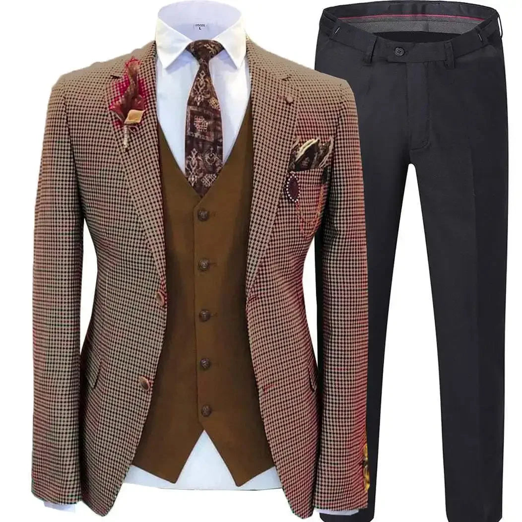 Men wedding Suits Prom Tuxedos Wool Blend Plaid Slim fit Vintage Checked Suit Groomsmen For Wedding (Blazer+Vest+Pants)