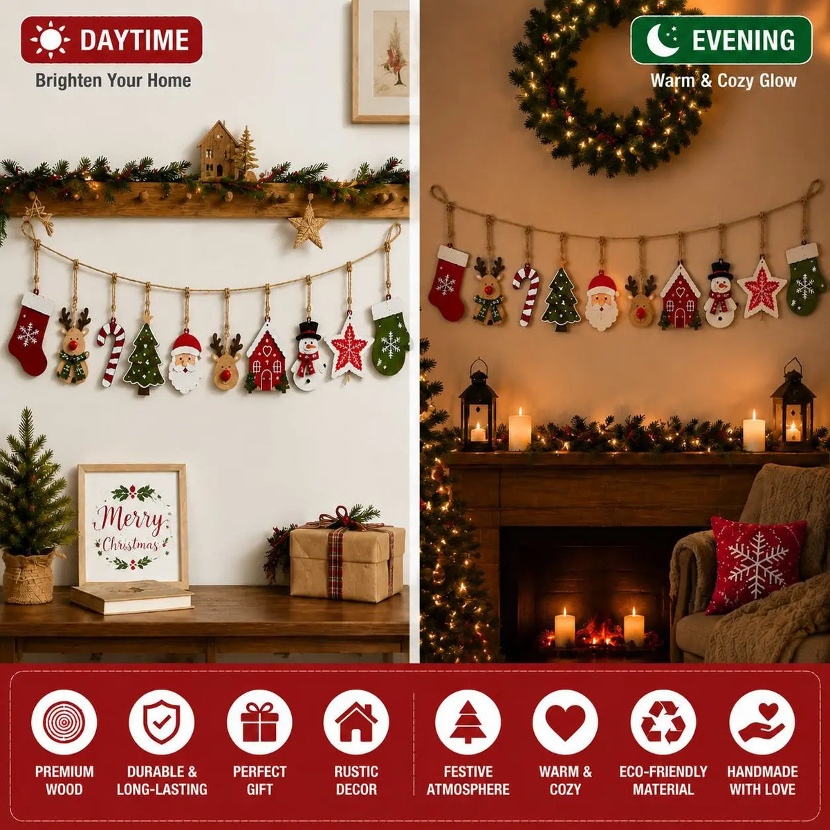 10 pieces Christmas wood decoration, Santa Claus, reindeer, Christmas tree, stars, etc., winter/Christmas house party decoration