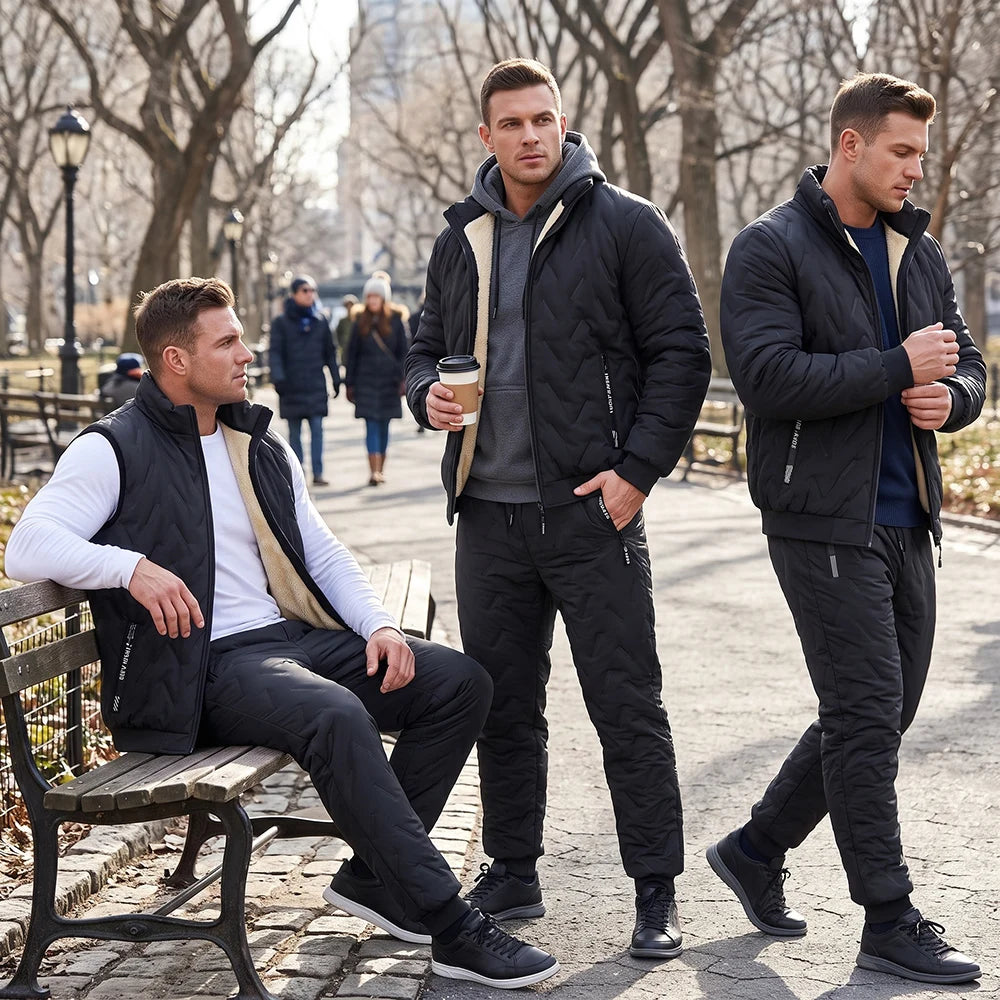 Winter Men Thermal Tracksuit 3Pcs Set, Fleece Lined Warm Quilted Coat Sleeveless Vest Elastic Waist Pants, Windproof Casual Spor