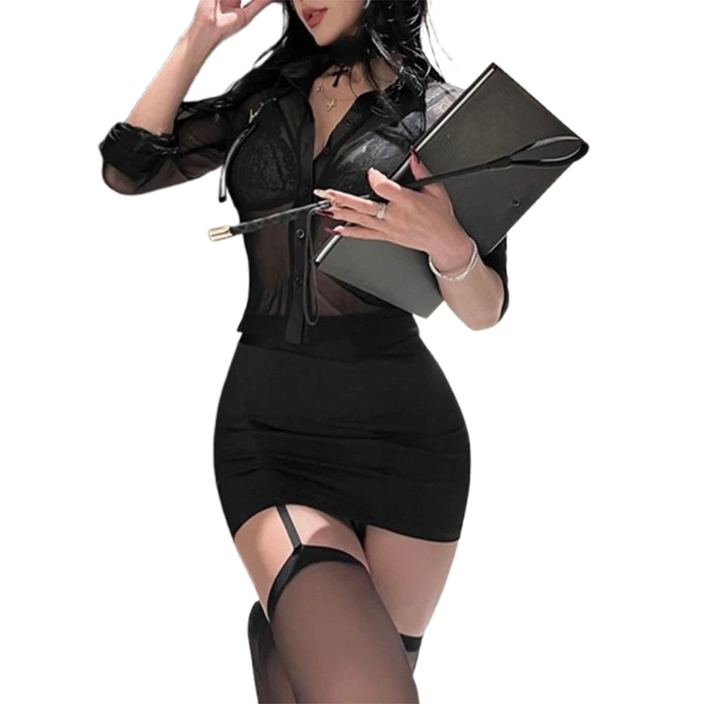 Women's Office OL Secretary Cosplay Costume Teacher Set Sheer Mesh Shirt & Bodycon Skirt with Garter Stockings for Themed Party