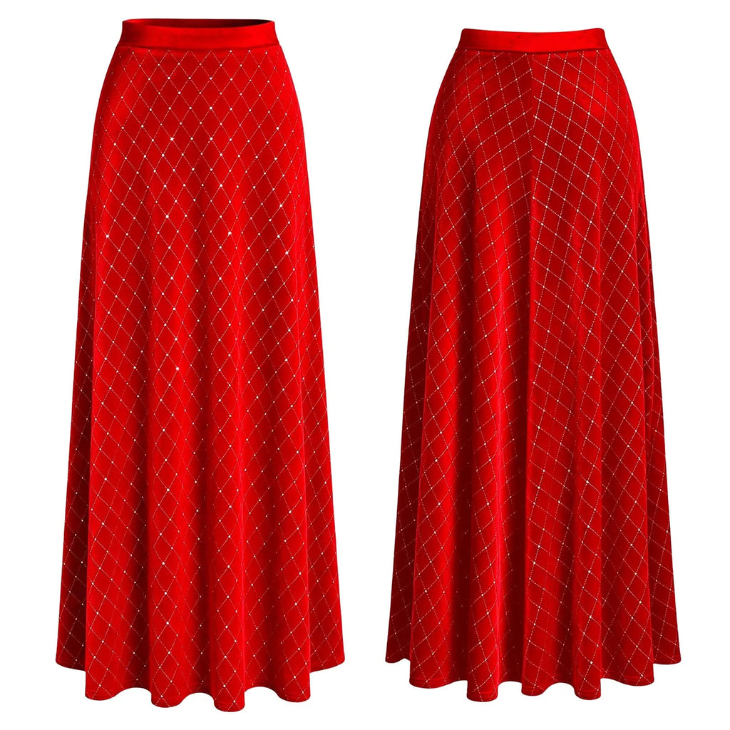Women Skirts Elegant Velvet Elastic Waistband Shiny Rhinestone Skirt for Christmas Halloween Carnival Cocktail Party Dance Wear