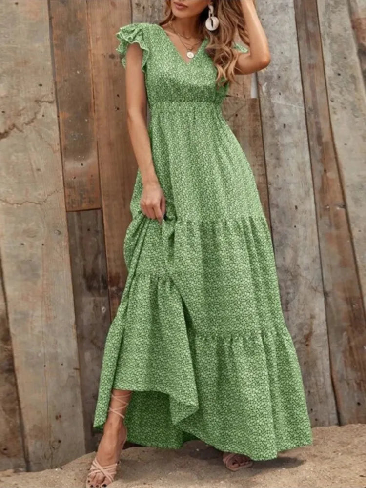 Casual V Neck Print Dress For Women Fashion Boho Holiday Beach Dresses Robe Femme Elegant High Waist Loose Skirt Womens Clothing