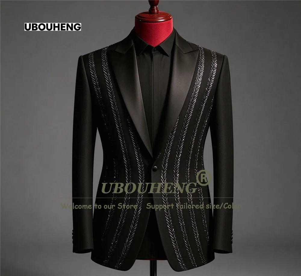Man Ceremony Suit Set For Wedding Black Stones Beaded Jacket Pants 2 Pieces Single Breasted Groom Tuxedo Customized Male Clothes