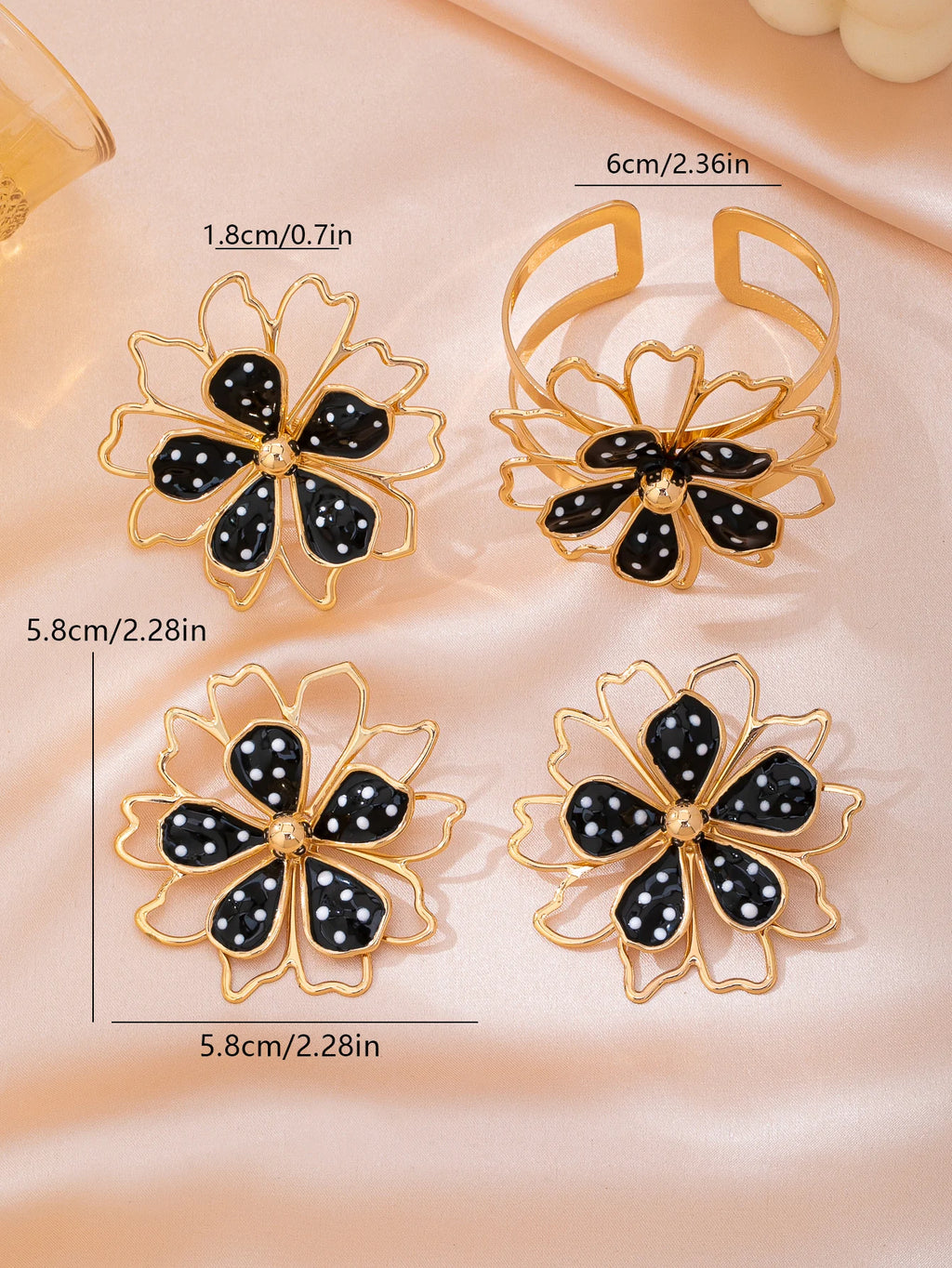 1 Set of Personalized, Exaggerated, Fashionable, and Classic Women's Fashion Jewelry Set, Including 1 Double-Layer Hollow Polka Dot Flower Open Bracelet, 1 Pair of Earrings, and 1 Ring, Suitable for Daily Wear and Parties