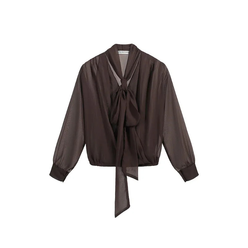 Office Lady Women's Blouses Solid Vintage Shirts Fashion Loose Spring/Autumn Clothing V-neck Bow Long Sleeved Chiffon Women Tops