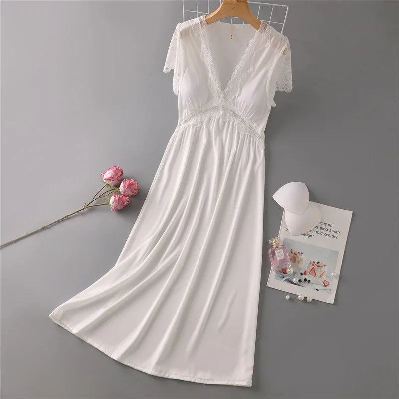 Sexy Nightdress for Women Summer Spring Home Dress V-Neck Nightgown Lace Sleeve Sleepwear Long Intimate Lingerie Nightwear