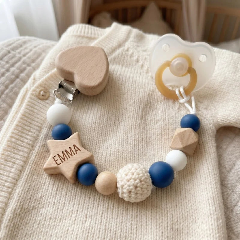 2026 Personalized Pacifier Clip Silicone Beads Beech Wood Teether Holder Custom Name Heart BPA Free Handmade Baby Shower Gift