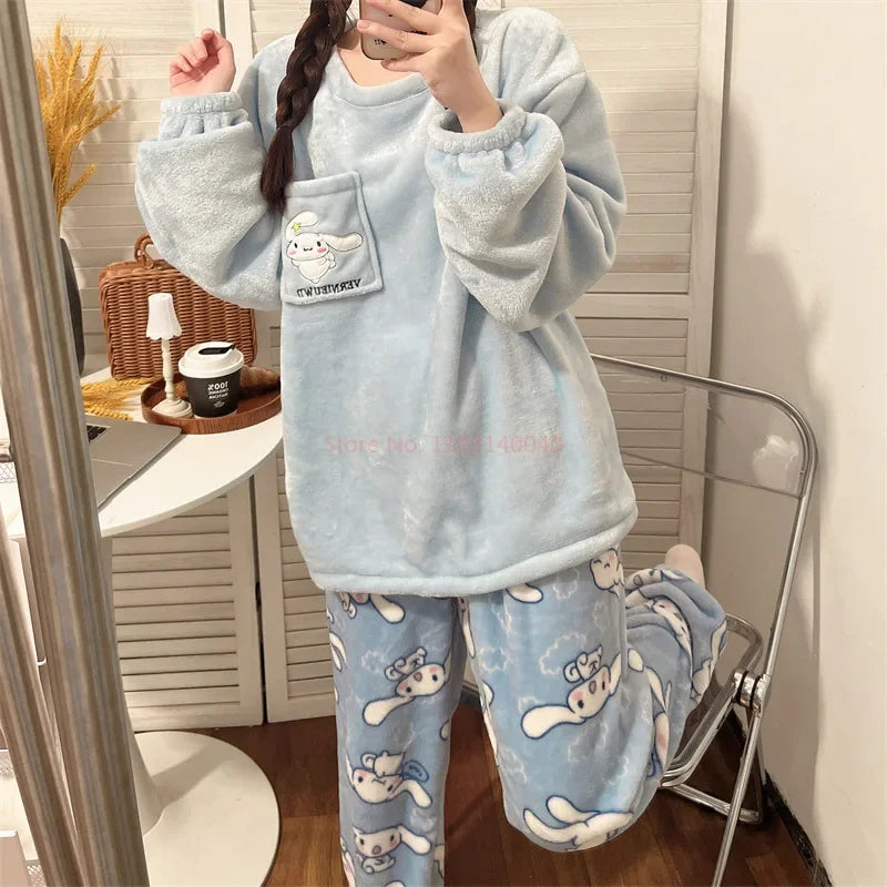 Winter Anime Pajamas Kawaii Flannel Pullover Coral Velvet Winter Warm Pajamas Homewear Girl Gifts Warm Coral Fleece Women Pajama