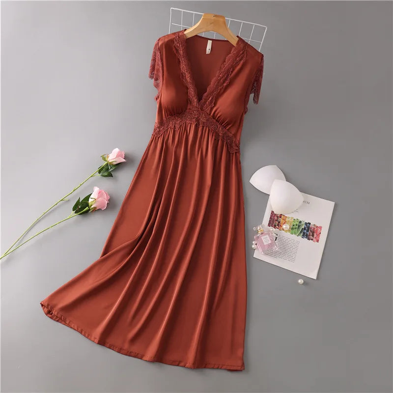 Sexy Nightdress for Women Summer Spring Home Dress V-Neck Nightgown Lace Sleeve Sleepwear Long Intimate Lingerie Nightwear