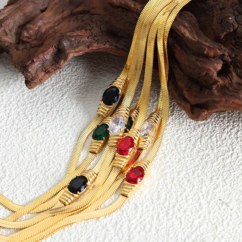 Waterproof And Non-fading Stainless Steel Jewelry Set Geometric Retro Inlaid Multi-color Glass Stone Necklace Bracelet Set Girls