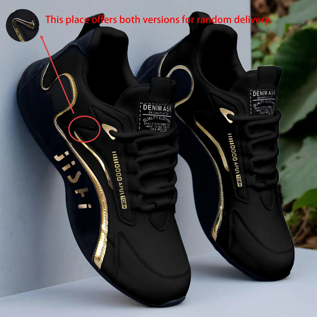 Men's Fashionable Sneakers – Casual Sneakers with Gold Accents, White Upper, Black and Gold Embellishments, Lace-Up Style, Perfect for Pairing with Casual Outfits and for Outdoor Activities