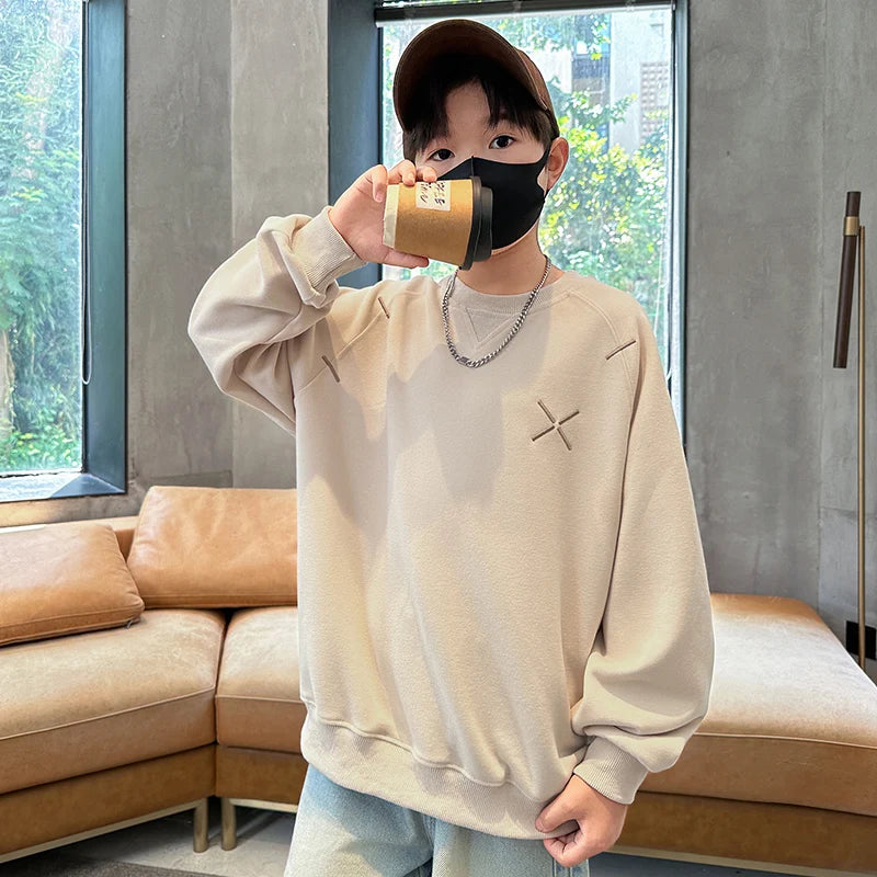 Children Brief Style Hoodie Sweatshirt for Boys European and American Street Fashion Clothing Kids Retro Simple Pullover Tops