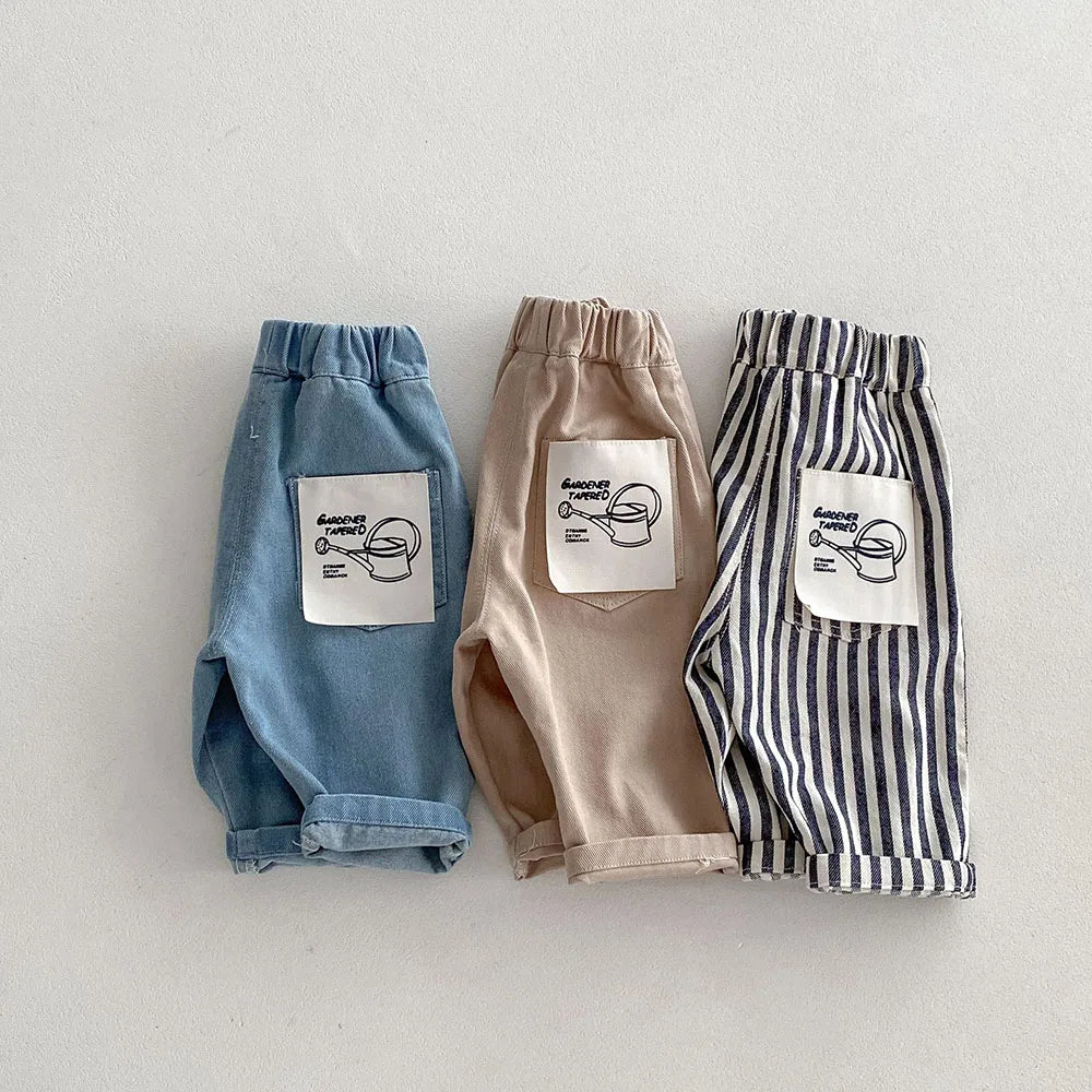 1-5Y Kid's Jeans Loose Solid Boys Denim Pants Patchwork Pocket Girls Straight Trousers Casual Kids Outdoor Pants