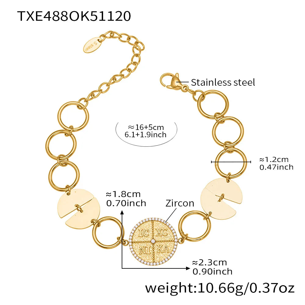 316 Stainless Steel Gold-Plated Large Circular Chain Necklace Choker Women's Shiny Round Zircon Golden Bracelet Jewelry Set
