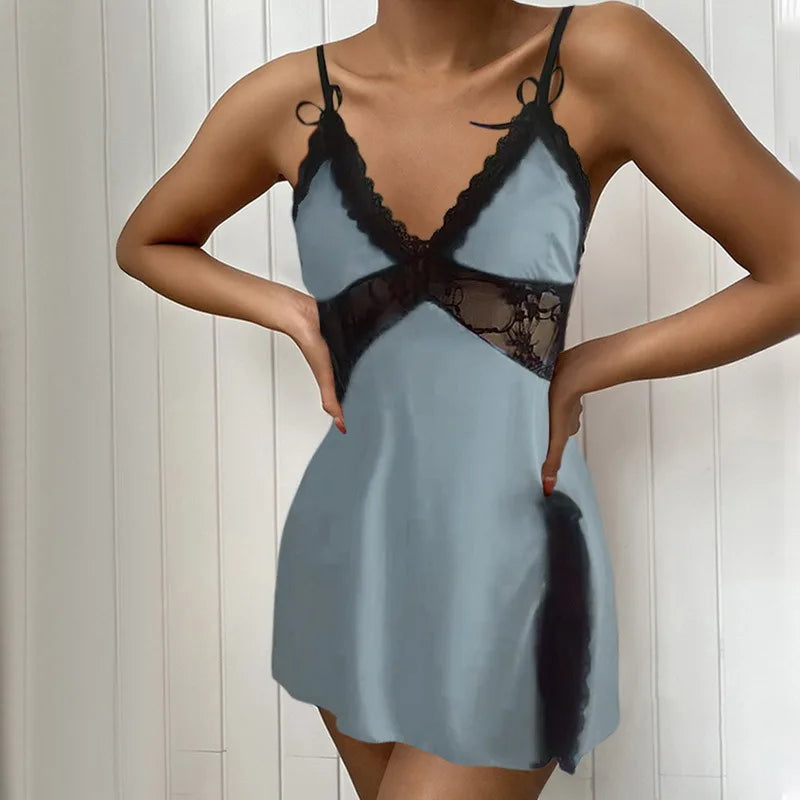 Women's Sleep European and American Lounge Sleepshirts Home Sexy Sleepwear Camisole Skirt Lace Low Neck Nightgown Nightgowns