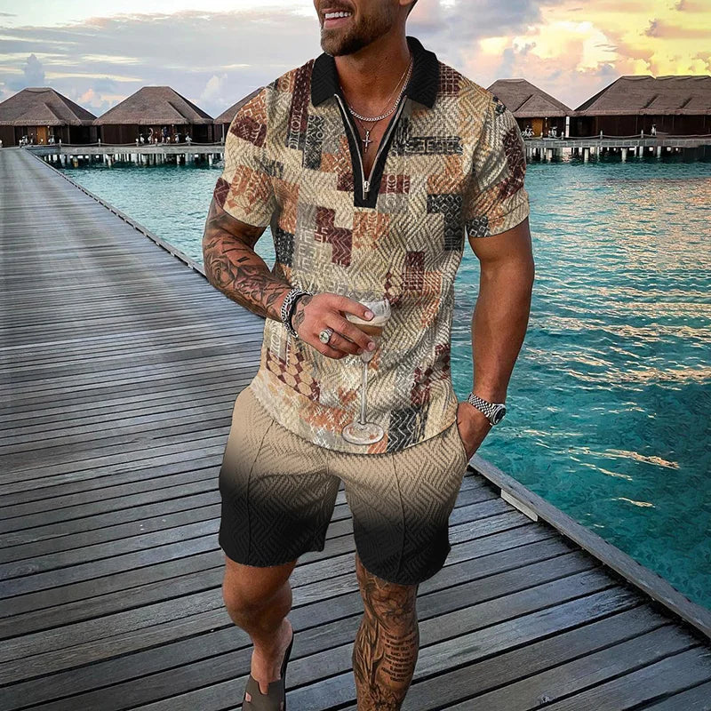 Men's Clothing Tracksuit Sets 3D Print Color Squares Pattern Casual Zipper Polo Shirt And Shorts 2pcs Sets Trend Streetwear Man